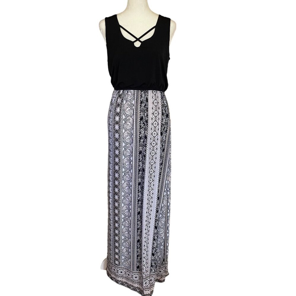 Trixxi women's medium black white tan sleeveless long stretchy maxi dress